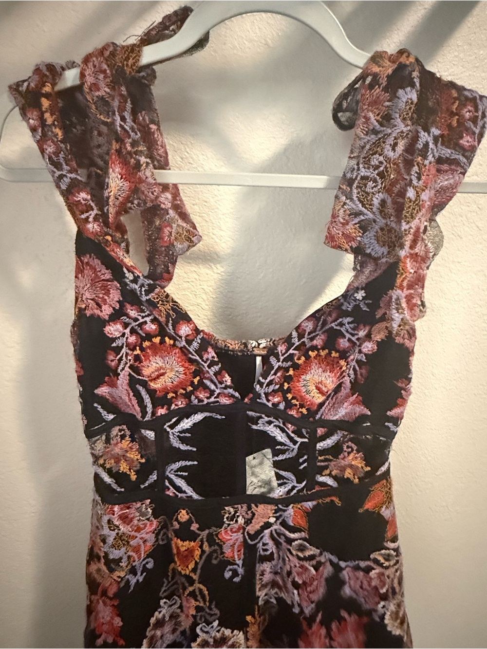 Free People NWT Embroidered Tie Strap Romper Black Pink Floral Cutout - Size Med - Picture 3 of 10